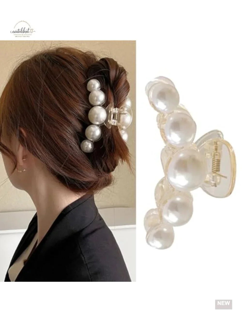 Pearl Hair Claw Clip - Strong Hold Barrette for Thick & Thin Hair